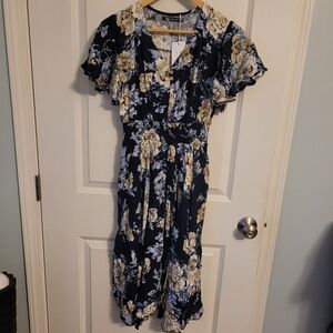 NERLEROLIAN Woman's Floral V Neck Button Elastic Waist Dress with Pockets